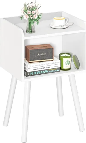 Yoobure Mesita de noche moderna de mediados de siglo para espacios pequeños - Mesa auxiliar pequeña con estante de almacenamiento, Mesa auxiliar de