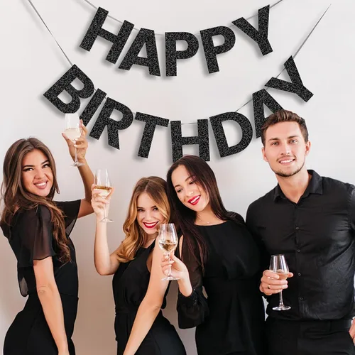 Miniatura 7 de Pancarta de Feliz Cumpleaños con Purpurina Negra - 9 pies Pre-Ensartada Sin Bricolaje Cartel de Fondo para Fiestas, Adultos, Niños, Mujeres