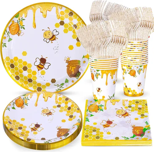 Suministros de fiesta de abejas, platos y servilletas de abejas, vasos, servilletas y tenedores, decoraciones de fiesta de abejas para baby shower,