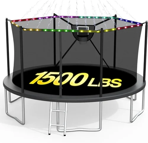 Trampolín para exteriores de 1500 libras con luz+rociador+calcetines, trampolín resistente de 16 pies, 14 pies, 12 pies, con aro de baloncesto,