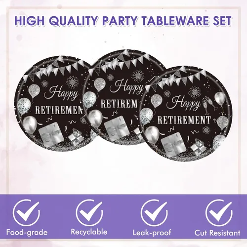 Miniatura 4 de Juego de 40 piezas de vajilla desechable para fiestas de jubilación para hombres y mujeres, color negro y plateado, incluye platos de jubilación