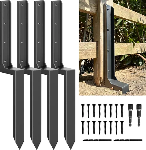Miniatura 8 de Kit de reparación de postes de valla – Anclaje de acero grueso calibre 11 y estacas para fijar soporte de poste de madera roto/inclinado 4x4/6x6