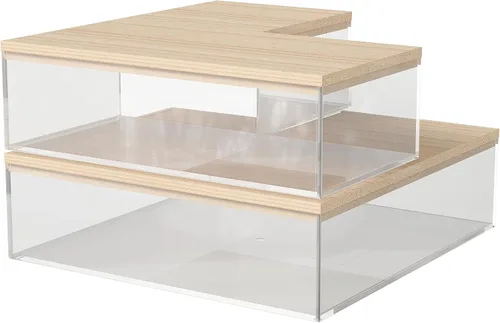 Martha Stewart Brody - Contenedores organizadores de plástico con tapas de madera de paulownia para oficina en casa, cocina o baño, paquete de 3