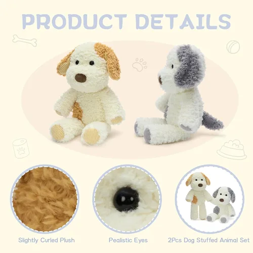 Miniatura 5 de MorisMos Juego de 2 peluches para perros, juego de juguetes de peluche para cachorros de 11.8 pulgadas, peluches suaves de perro gris y amarillo