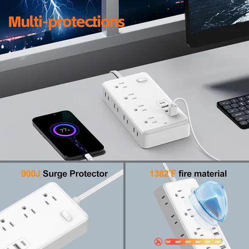 Miniatura 5 de Protección contra sobretensiones de 5 pies con cable plano de extensión, regleta de alimentación con enchufe plano listada por ETL, 8 tomas de CA, 4