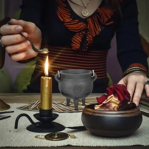 Miniatura 3 de DOITOOL Caldero de hierro fundido con tapa y asa, caldero de bruja de Halloween, olla de bruja negra para manchar, quemar incienso, decoración
