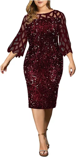 VEZAD Vestido de noche de manga 34 con lentejuelas y cintura imperio para mujer, color liso, con cuello redondo, vestido de noche envolvente hasta