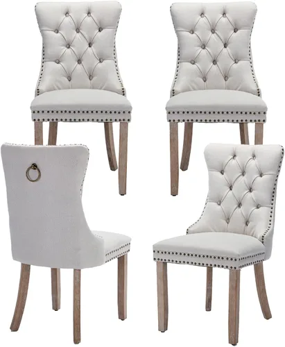 Miniatura 83 de Juego de 2 sillas de comedor de terciopelo, silla de comedor tapizada de alta gama con tirador de anillo en la espalda, adorno de clavos y patas