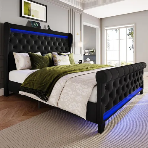 Miniatura 11 de Belffin Estructura de Cama Tamaño Queen con Cabecero, Cabecero Alto de 50" Cama Plataforma Tapizada en Terciopelo con Luces LED y 2 Puertos USB/1