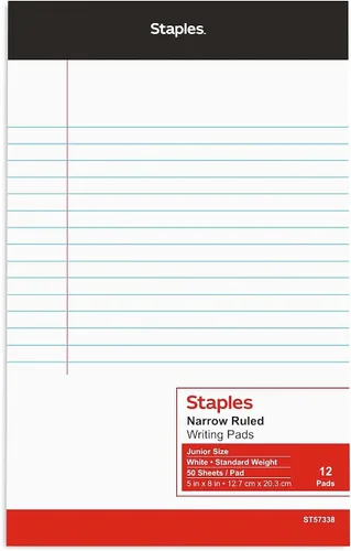 Miniatura 4 de STAPLES Bloc de notas, 5 x 8 pulgadas, rayas estrechas, blanco, 50 hojas/bloc, paquete de 12