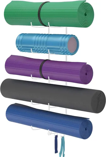 Miniatura 9 de Wallniture Guru - Rodillo de espuma y toallero de pared con 3 ganchos para colgar correa de yoga y bandas de resistencia, metal de 3 secciones Negro
