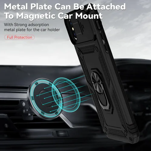 Miniatura 6 de Funda para iPhone X, iPhone Xs, cubierta de lente de cámara deslizante integrada+soporte de anillo de dedo+protector de pantalla, resistente a Negro