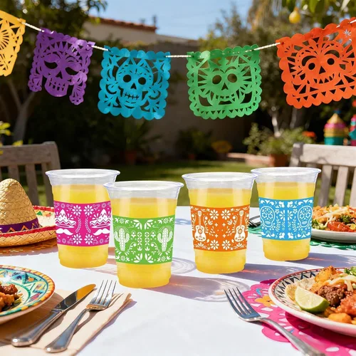 Miniatura 5 de 100 vasos de plástico de papel picado de 16 onzas, vasos de plástico para fiesta mexicana, sarape, vasos transparentes para taco, martes, carnaval