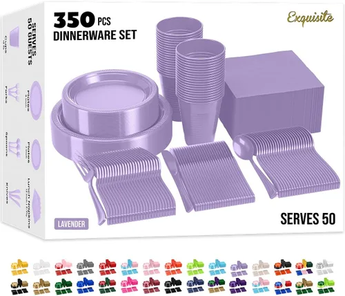 Miniatura 32 de Party Solids 350 Piezas Platos de Plástico Blanco Para Fiestas, Juego de Platos Desechables Blancos, 50 de Cada Juego de Platos para Cena de 9