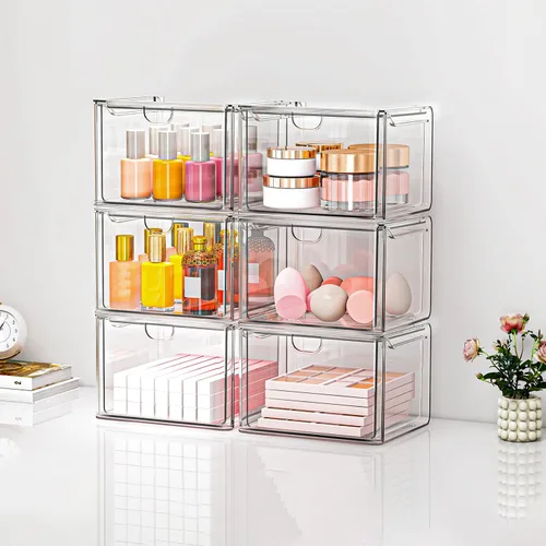 Miniatura 8 de caktraie Paquete de 6 pequeños cajones apilables para baño, organizador de maquillaje acrílico para baño, contenedores de almacenamiento de plástico