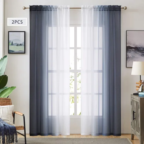 Cortinas transparentes de lino sintético degradado gris oscuro para dormitorio, sala de estar, con bolsillo para barra, cortinas de gasa Gris oscuro