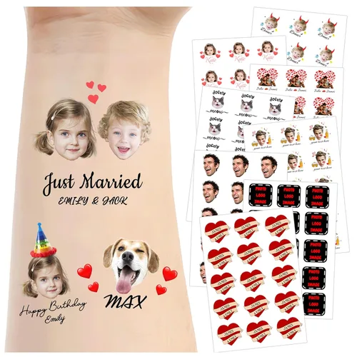 Miniatura 25 de Tatuajes temporales personalizados para la cara, tatuajes faciales personalizados con nombre de foto, logotipo, texto, calcomanía de tatuaje falsa