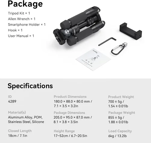 Miniatura 10 de SmallRig VT-20 Mini Trípode de Aluminio, Trípode de Escritorio de 20" con Cabeza de Bola de 360°, Trípodes de Escritorio Compactos para Cámara DSLR