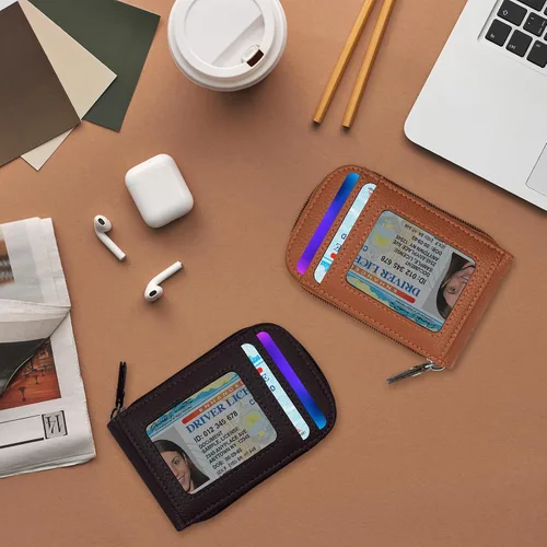 Miniatura 32 de RFID mini organizador de tarjetas de crédito, cuero auténtico, billetera compacta con visor de identificación, S, Negro