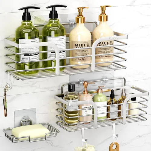 Miniatura 9 de Yougai Organizador de ducha con soporte para jabón y ganchos, estantes de ducha inoxidables, organizadores de baño sin perforaciones y Negro
