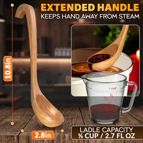 Miniatura 2 de Cucharón de madera para sopa – Cucharón de madera profunda de 10.8 x 2.8 pulgadas con capacidad de 2.7 onzas líquidas, extremo de gancho de mango