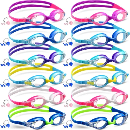 Miniatura 8 de Kanayu 12 gafas de natación para niños, sin fugas, antiniebla, con clips para la nariz, tapones para los oídos, 12