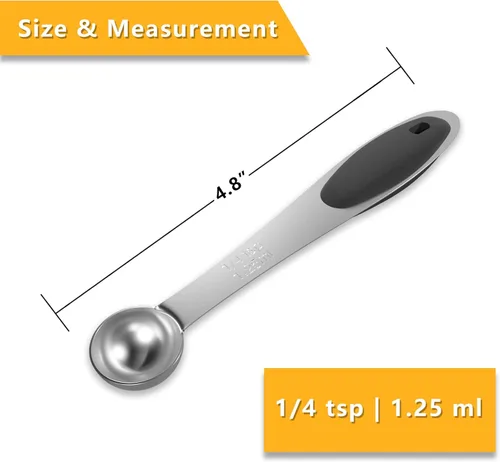 Miniatura 2 de LEIFENY 2 cucharas medidoras individuales de 1/4 cucharadita (0.0 fl oz) con agarre de silicona negra, cuchara de medida individual de acero