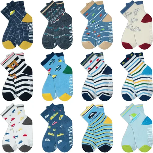Miniatura 11 de HYCLES Calcetines Antideslizantes para Niños Pequeños, 12 Pares de Calcetines de Algodón con Agarre Antideslizante para Niños y Niñas de 1-7 años