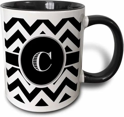 Miniatura 7 de 3dRose Taza verde bicolor con monograma de cheurón en blanco y negro con inicial C de 11 oz