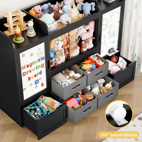 Miniatura 5 de Organizador de juguetes para niños de 61 pulgadas de ancho, estantería con 2 tablas magnéticas de dibujo, almacenamiento de animales de peluche, 2