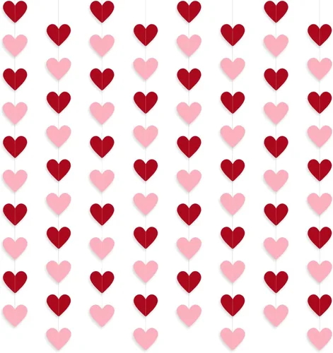 PartyGarden Guirnalda de corazón de San Valentín, paquete de 8 guirnaldas colgantes en forma de corazón rojo/rosa para el día de San Valentín, día