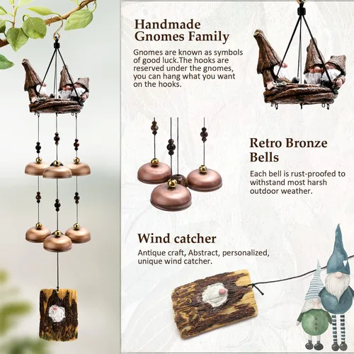 Miniatura 3 de Campanillas de viento de gnomo para exteriores con 6 campanas más grandes, regalo para mamá, papá, hija, mujeres, decoración al aire libre