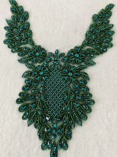 Miniatura 4 de Apliques de encaje hechos a mano con diamantes de imitación para coser a mano, parches para ropa de vestir, falda y escote (verde profundo)