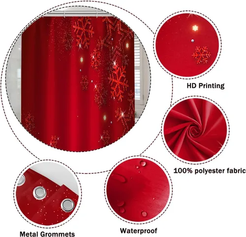 Miniatura 5 de Cortinas de ducha de Feliz Navidad, 72 x 78 pulgadas, diseño de copos de nieve rojos elegantes, cortina de ducha de feliz año nuevo para festival