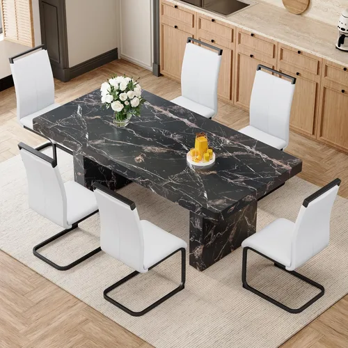 Miniatura 14 de gopop Rustic Modern 79" Rectangular Dining Table, Solid Wood Farmhouse Kitchen Table with Sturdy Legs, Wooden Dining Room Table for 6–10 People