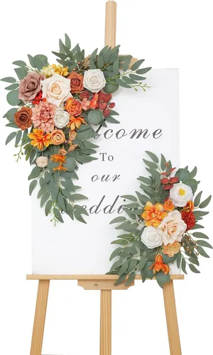 Miniatura 11 de Letreros florales de bienvenida de boda (paquete de 2), flores de arco de boda para decoración de boda y decoración de fondo de recepción (azul)