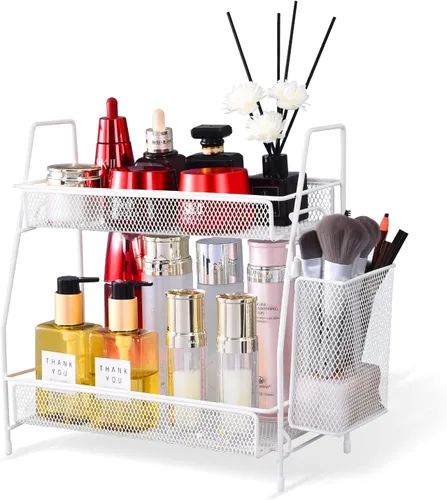Miniatura 11 de Organizador de baño con canasta, bandeja de baño de 2 niveles para estante de almacenamiento de encimera, organizador de encimera de baño, Negro