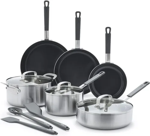GreenPan x Bobby Flay - Juego de 12 piezas de ollas y sartenes de acero inoxidable, grado profesional tricapa, Multiclad, antiadherente de cerámica