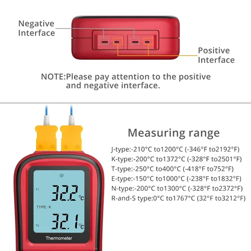 Miniatura 5 de Kamtop Termómetro de termopar digital de doble canal, medidor de temperatura tipo K con 2 sondas de termopar, medición T1/T2 y T1-T2, LCD