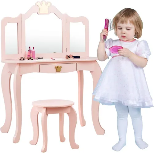 Miniatura 8 de HONEY JOY Tocador Infantil, Juego de Mesa y Silla de Maquillaje Temática de Corona para Niños con Cajón y Espejo Plegable, Espejo Desmontable, Juego
