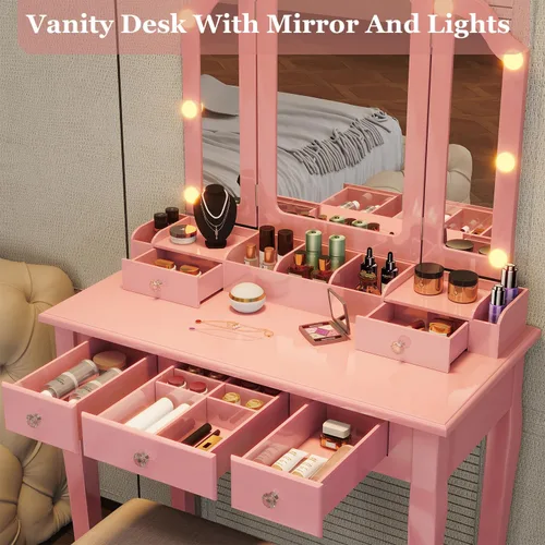 Miniatura 5 de Tocador de maquillaje rosa para niñas, escritorio con espejo y luces, tocador para niñas con luces, juego de tocador de maquillaje tocadores
