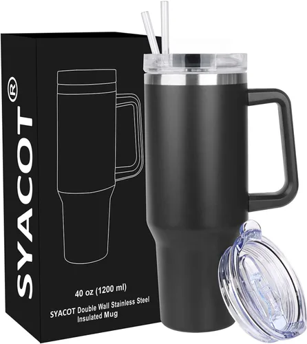 Miniatura 9 de SYACOT Vaso de 40 onzas con asa y pajita, vaso aislado de acero inoxidable, tapa a prueba de fugas y tapa con pajilla, taza de café de viaje