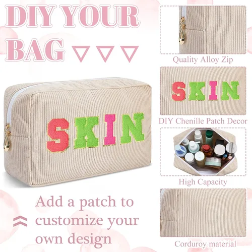 Miniatura 4 de Amylove 12 bolsas de maquillaje de pana de gran capacidad, bolsa de cosméticos preparada a granel, uso diario, bolsa de maquillaje portátil lisa