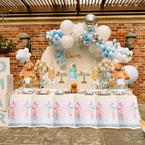 Miniatura 4 de Paquete de 3 manteles de oso de peluche, manteles de plástico para revelación de género, mantel impermeable rosa y azul para niños o niñas, baby
