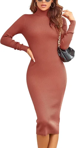 Rocorose - Vestido tipo suéter de punto acanalado con cuello alto y mangas largas, para mujer