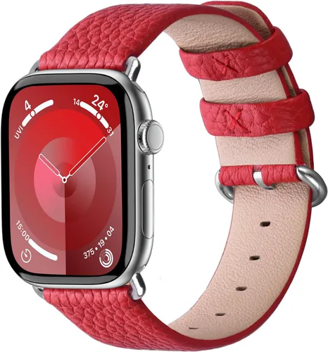 Fullmosa Correa compatible con Apple Watch de cuero rojo de 1.65, 1.61, 1.58, 1.5 pulgadas, correa para iWatch para Series ultra3/2/1 SE3/2/1