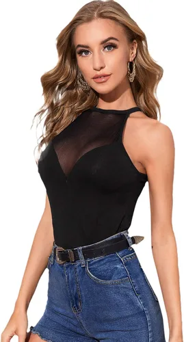 Miniatura 3 de Verdusa Top halter ajustado sin mangas de malla transparente de contraste para mujer