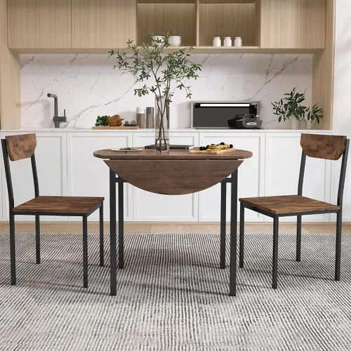 P PURLOVE Juego de mesa de comedor redonda de 3 piezas, mesa de cocina y sillas de madera maciza, juego de 2 mesas de hojas caídas y 2 sillas para