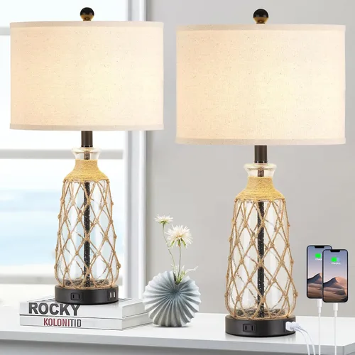 Miniatura 11 de Ruzectt Lámparas de mesa de cristal costero, lámparas de noche regulables de 3 vías con control táctil con 2 puertos USB y salida de CA, lámparas
