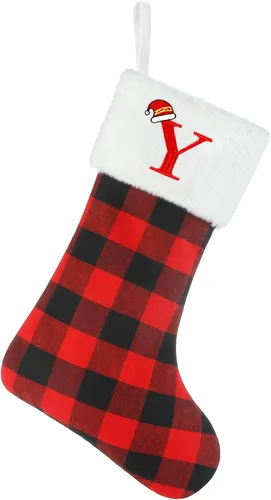 Miniatura 10 de Senneny - Medias de Navidad con iniciales, 20" grandes rojas y negras a cuadros de búfalo, monograma, medias de Navidad con puño de felpa blanca